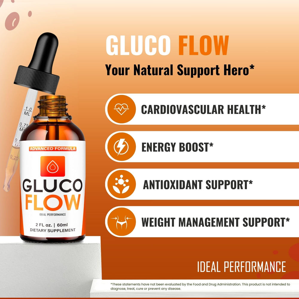 IDEAL PERFORMANCE Gluco Flow Drops packaging highlights product details and benefits