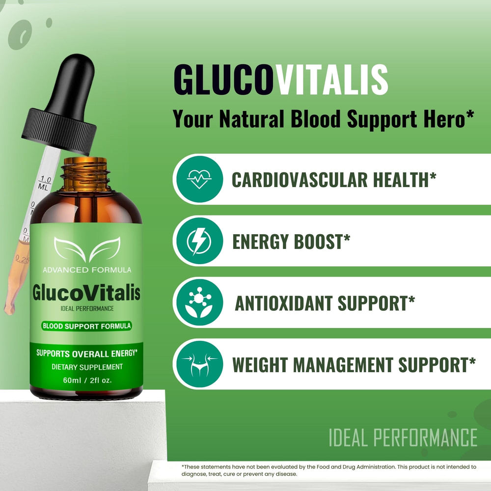Ingredient panel on Gluco Vitalis Drops bottle shows all-natural formula