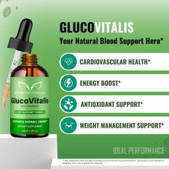 Ingredient panel on Gluco Vitalis Drops bottle shows all-natural formula