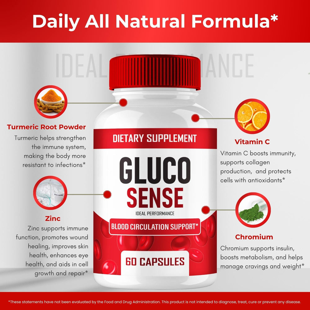 IDEAL PERFORMANCE GlucoSense outer packaging box on display for convenient routine.