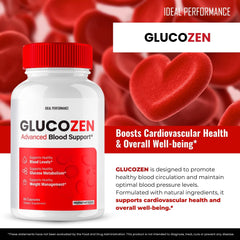 Glucozen health & wellness capsules beside a glass of water for hydration.