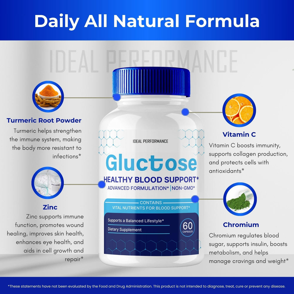 IDEAL PERFORMANCE Gluctose pills three-pack box with product reviews graphic.