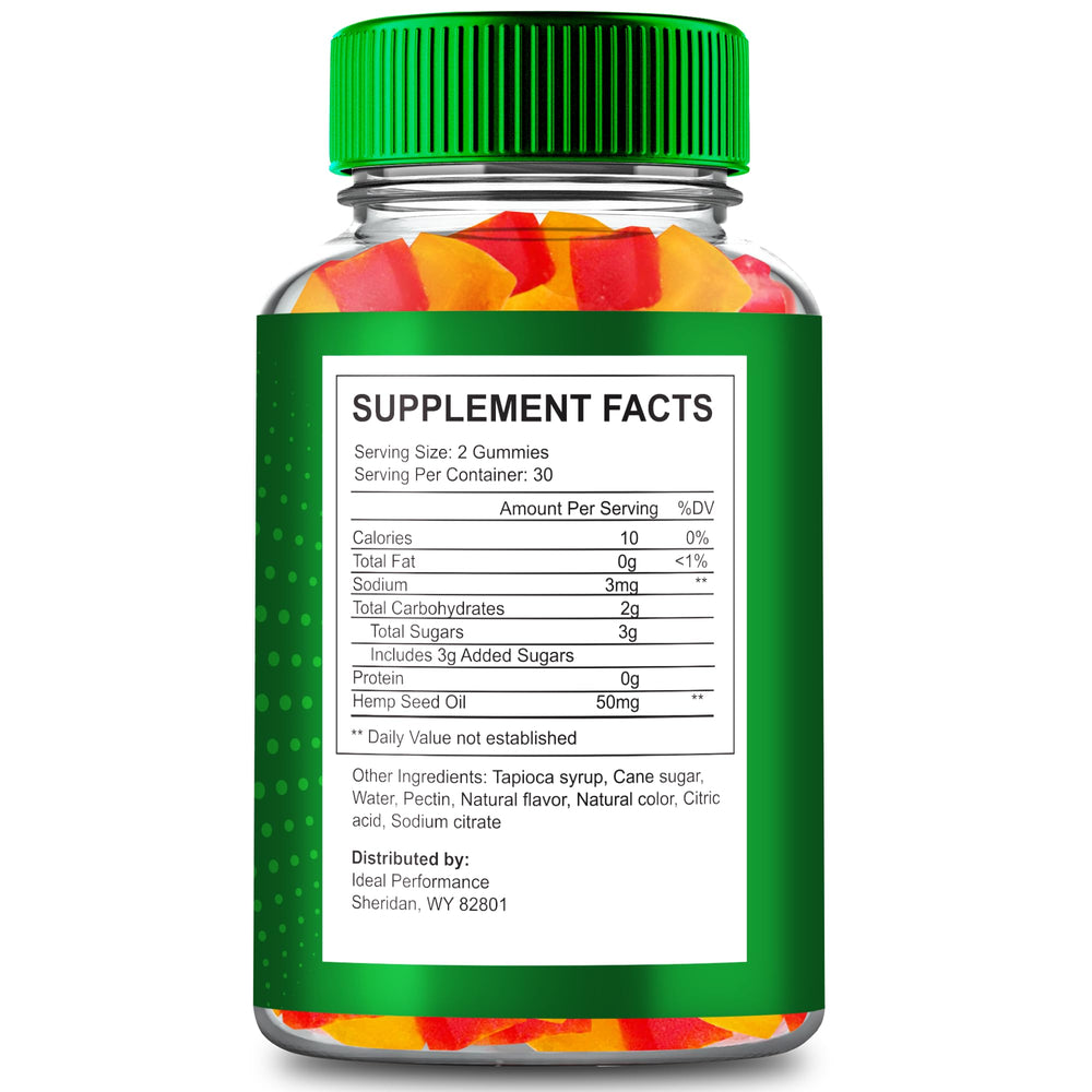 IDEAL PERFORMANCE GreenVow Hemp Gummies bottle close-up, natural formulation for everyday use.