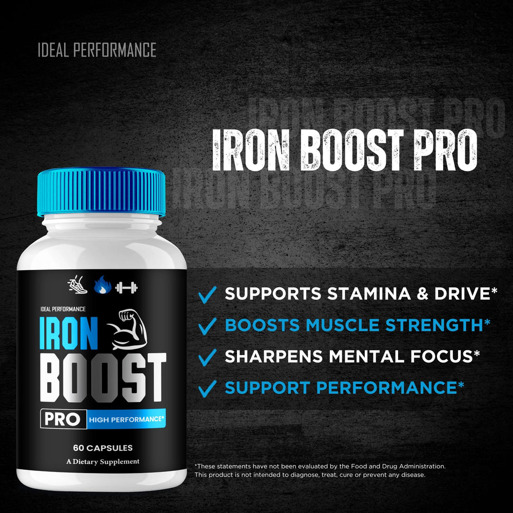 IDEAL PERFORMANCE Iron Boost Pro bottle label detail showing advanced formula.