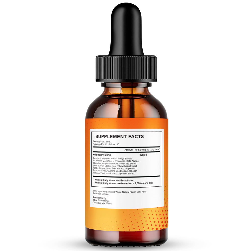 IDEAL PERFORMANCE LipoForme Drops bottle back with ingredients and usage guidance.
