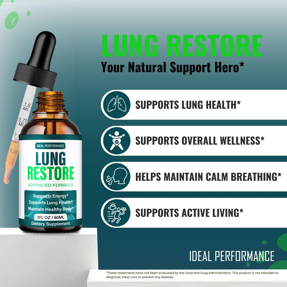 IDEAL PERFORMANCE Lung Restore Drops label close-up highlighting natural formulation.