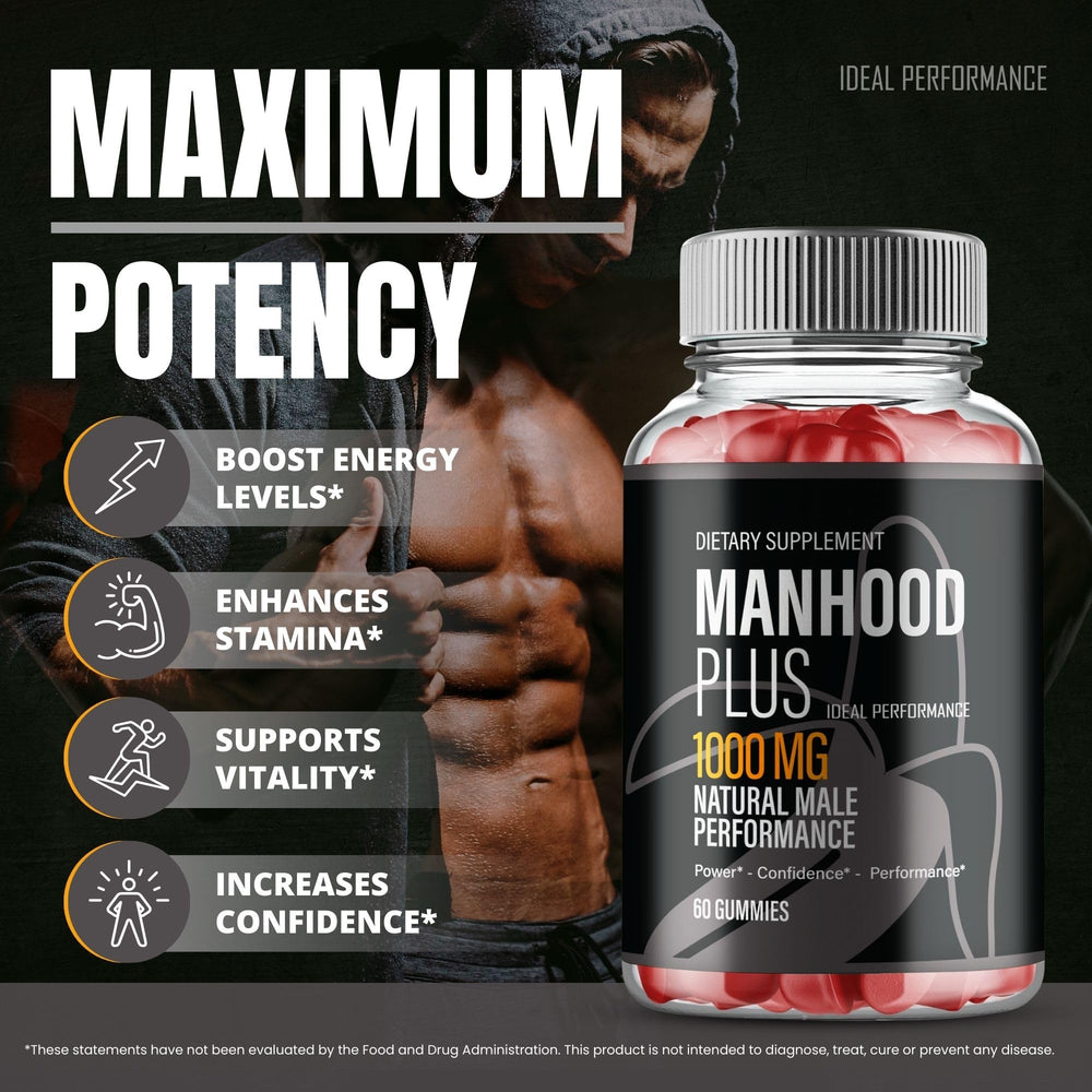 IDEAL PERFORMANCE Manhood Plus gummies close-up with vibrant texture.