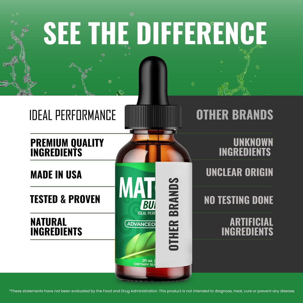 IDEAL PERFORMANCE Matcha Burn Drops label details indicate natural ingredients and quality.