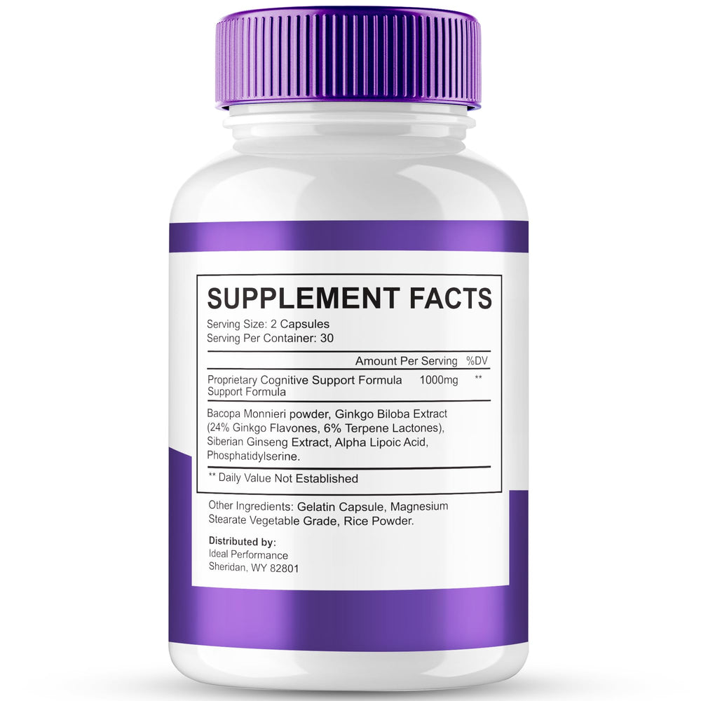 MemoTril bottle side view highlighting label details for brain health support.
