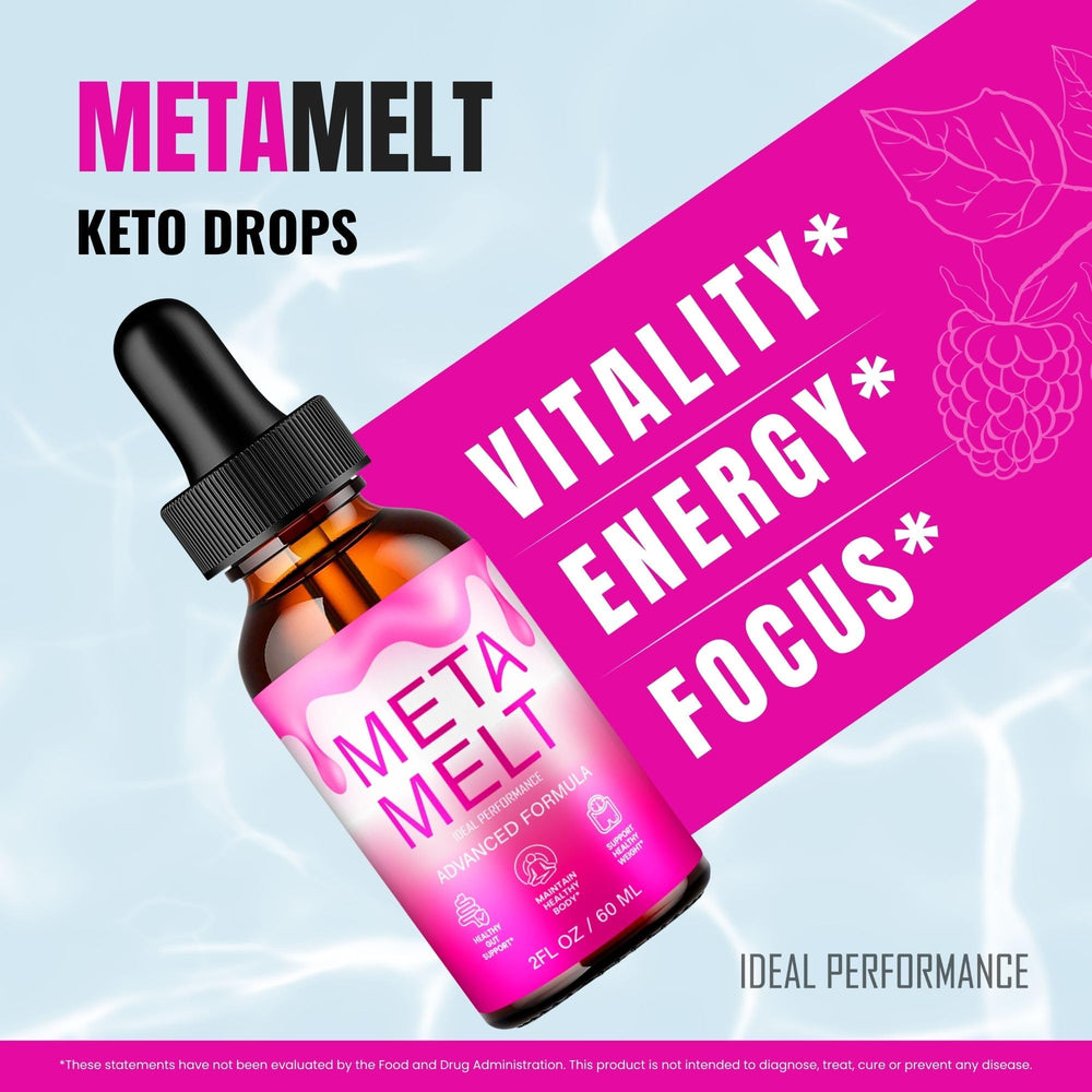 IDEAL PERFORMANCE Meta Melt Drops label close-up shows clean ingredients and bold branding.