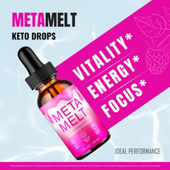 IDEAL PERFORMANCE Meta Melt Drops label close-up shows clean ingredients and bold branding.
