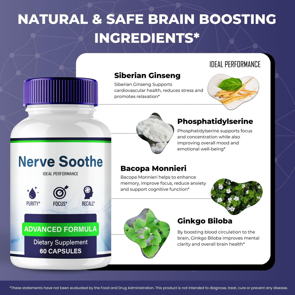 IDEAL PERFORMANCE Nerve Soothe Capsules on desk, supporting a focused routine.