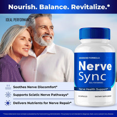 IDEAL PERFORMANCE Nerve Sync packaging details highlight clear dosage and natural formulation