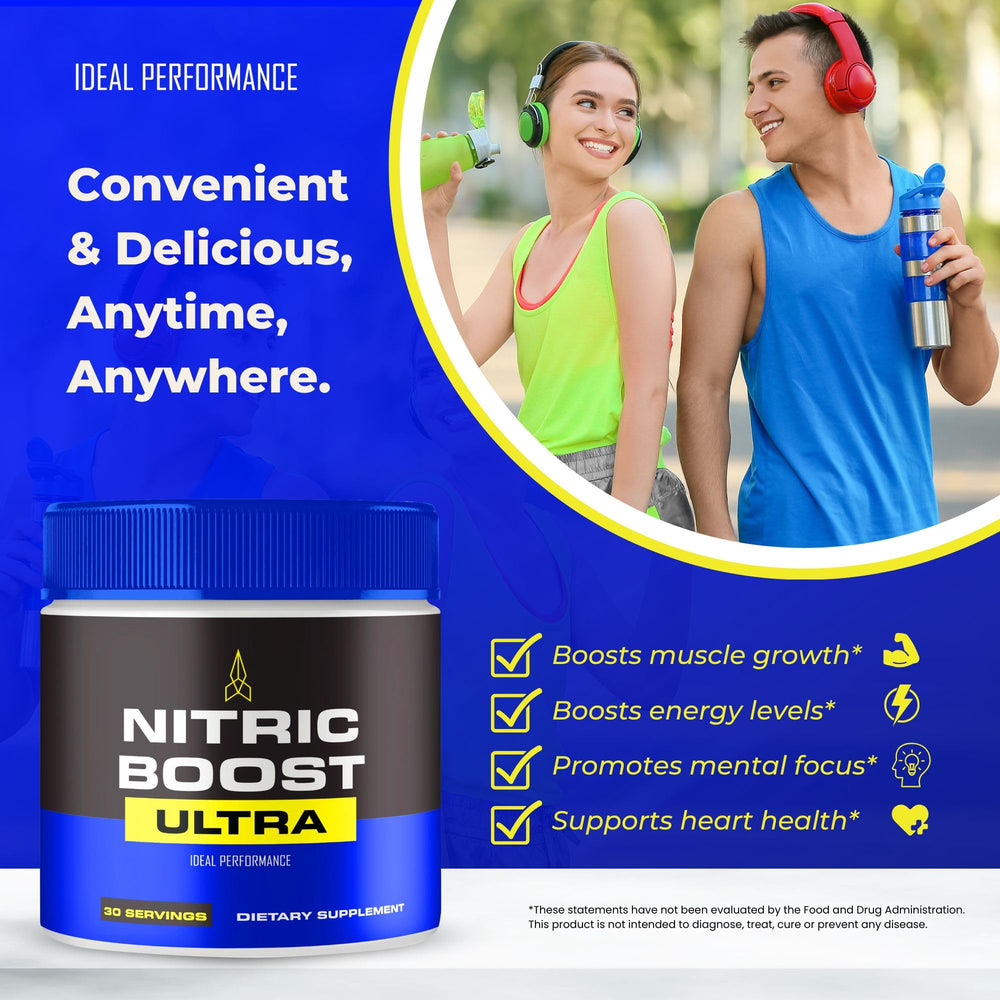IDEAL PERFORMANCE Nitric Boost Ultra Powder ingredients panel details key components.