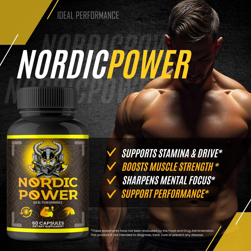 IDEAL PERFORMANCE Nordic Power Pills label close-up showcasing ingredients.