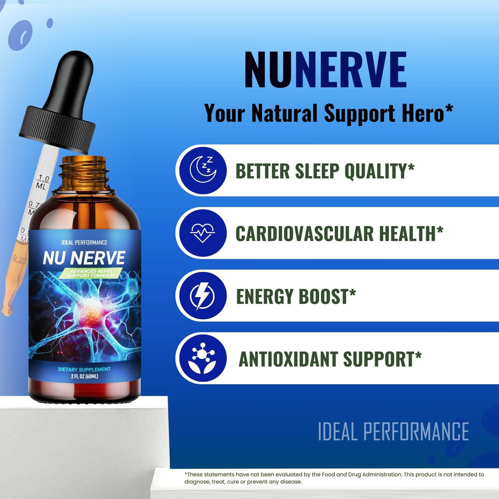 NuNerve packaging box by IDEAL PERFORMANCE, showcasing all-natural formula benefits.