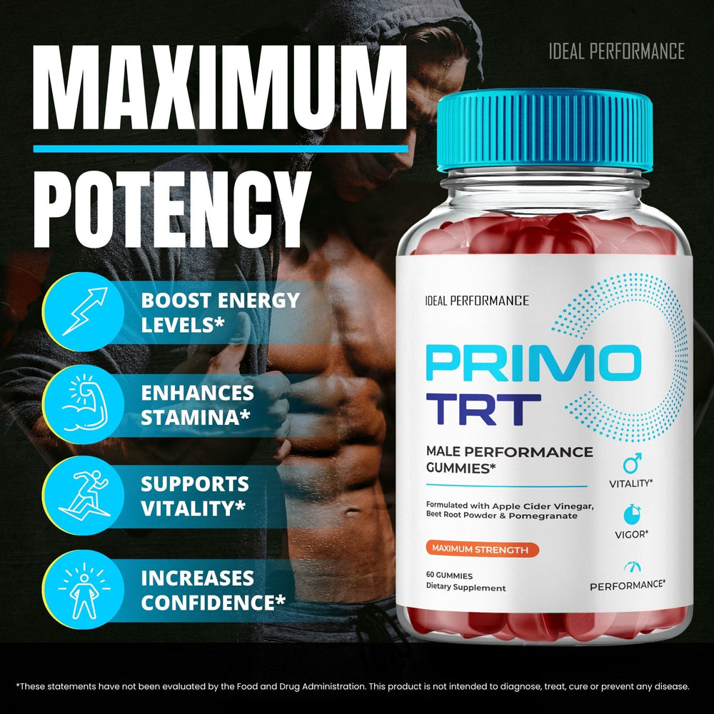 IDEAL PERFORMANCE Primo TRT Gummies packaging display promotes quick daily usage.