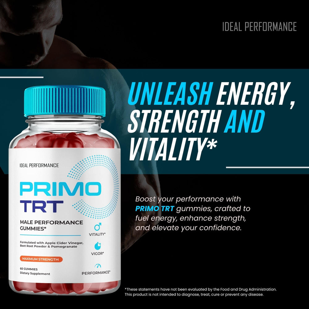 IDEAL PERFORMANCE Primo TRT Gummies table top suggests easy morning routine.