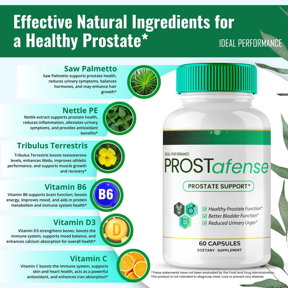IDEAL PERFORMANCE Prostafense natural ingredients chart showing herbal blend.