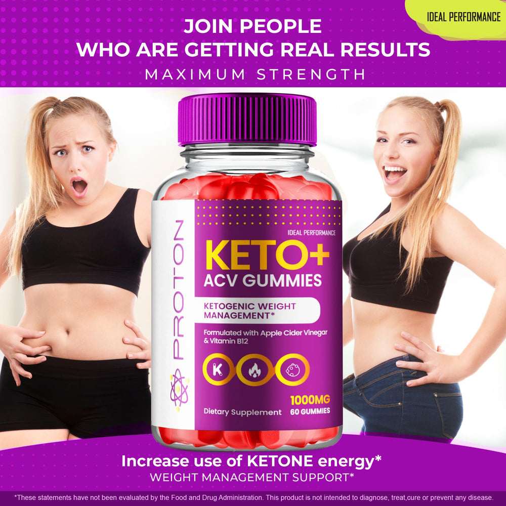 IDEAL PERFORMANCE Proton ACV Gummies keto+ACV label close-up emphasizing natural formula.