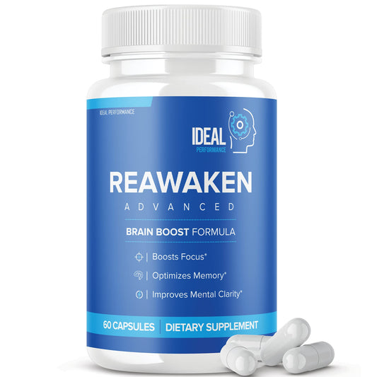 IDEAL PERFORMANCE Reawaken bottle label showcases memory support branding.