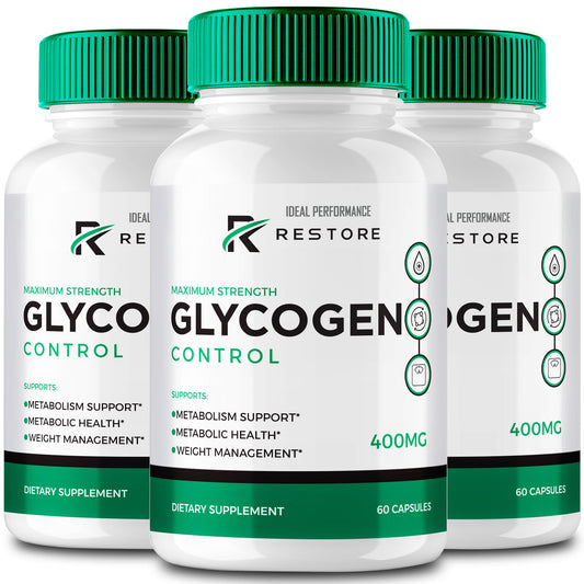 IDEAL PERFORMANCE Restore Glycogen Control bottle with easy-to-swallow capsules for daily use.