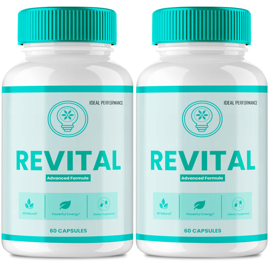 IDEAL PERFORMANCE Revital Capsules bottle on kitchen counter for daily vitality.