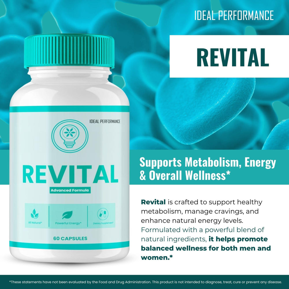 IDEAL PERFORMANCE Revital Capsules being poured, easy daily intake for energy support.