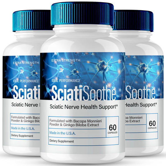 IDEAL PERFORMANCE SciatiSoothe bottle front showing packaging for daily nerve health support