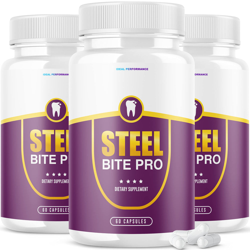 IDEAL PERFORMANCE Steel Bite Pro dental supplement bottle supports teeth and gum care in daily routines.