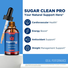 Sugar Clean Pro Drops ingredients panel lists all-natural components for daily wellness.