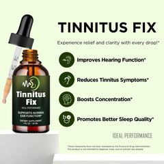 IDEAL PERFORMANCE TinnitusFix Drops dosage illustration shows simple daily use.