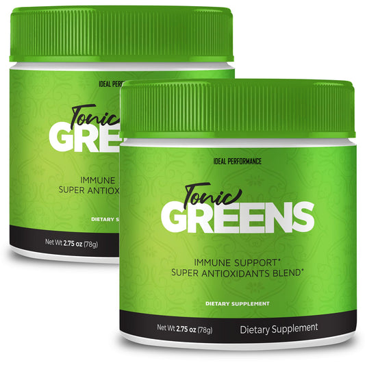 IDEAL PERFORMANCE Tonic Greens bottle front highlighting natural green blend for daily energy.