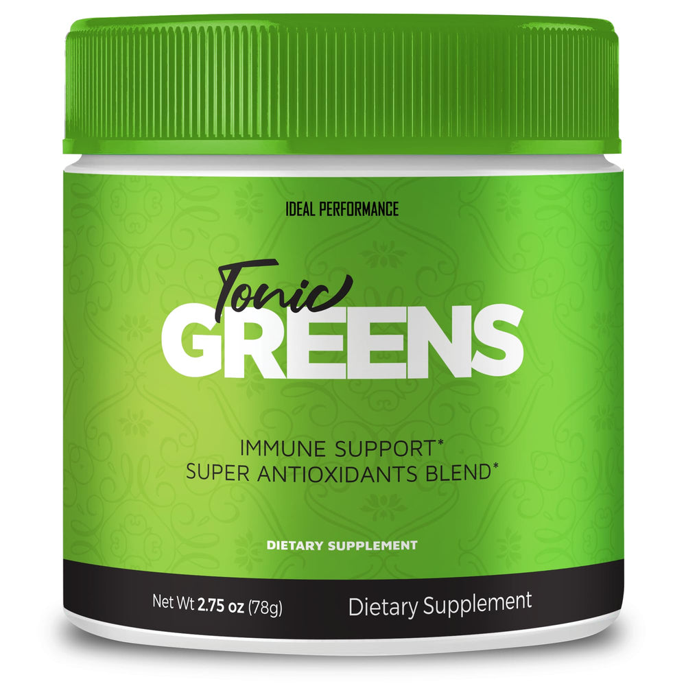 IDEAL PERFORMANCE Tonic Greens bottle highlights a natural blend for daily energy and wellness.