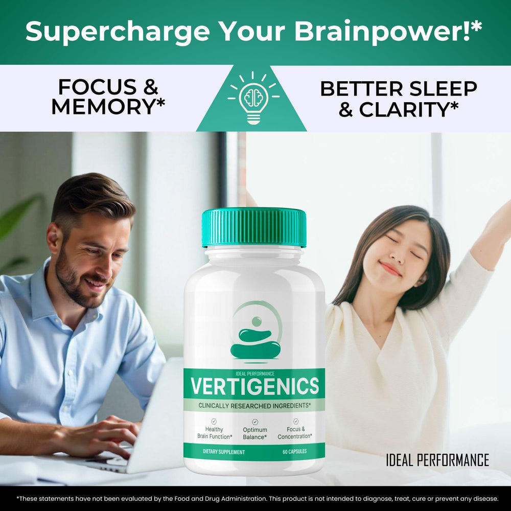 IDEAL PERFORMANCE Vertigenics on a clean shelf suggesting reliable daytime focus.
