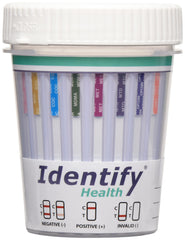 Identify Health 12-panel drug test cup with temperature strip for quick verification.