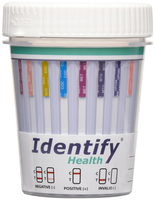 Identify Health 9-panel test cup showing cocaine detection for quick at-home screening.
