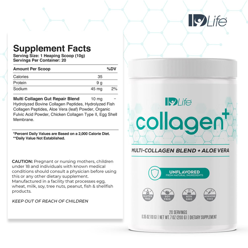 IDLife Collagen+ powder tub showing flavorless multi-collagen blend.