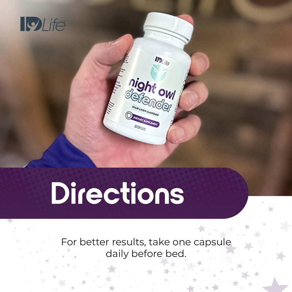 IDLife Night Owl Defender bottle beside a glass of water for easy nightly intake.