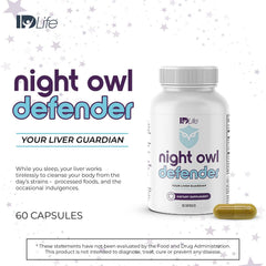 IDLife Night Owl Defender label front highlighting key ingredients for nightly support.
