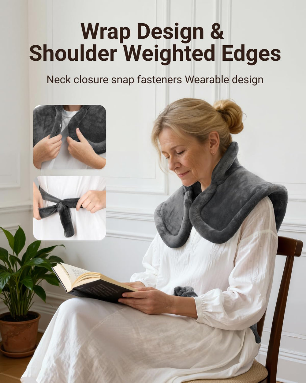 iDOO wearable neck-shoulder pad with snaps for hands-free warmth