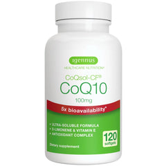 Igennus Advanced CoQ10 bottle on a clean desk for daily support.