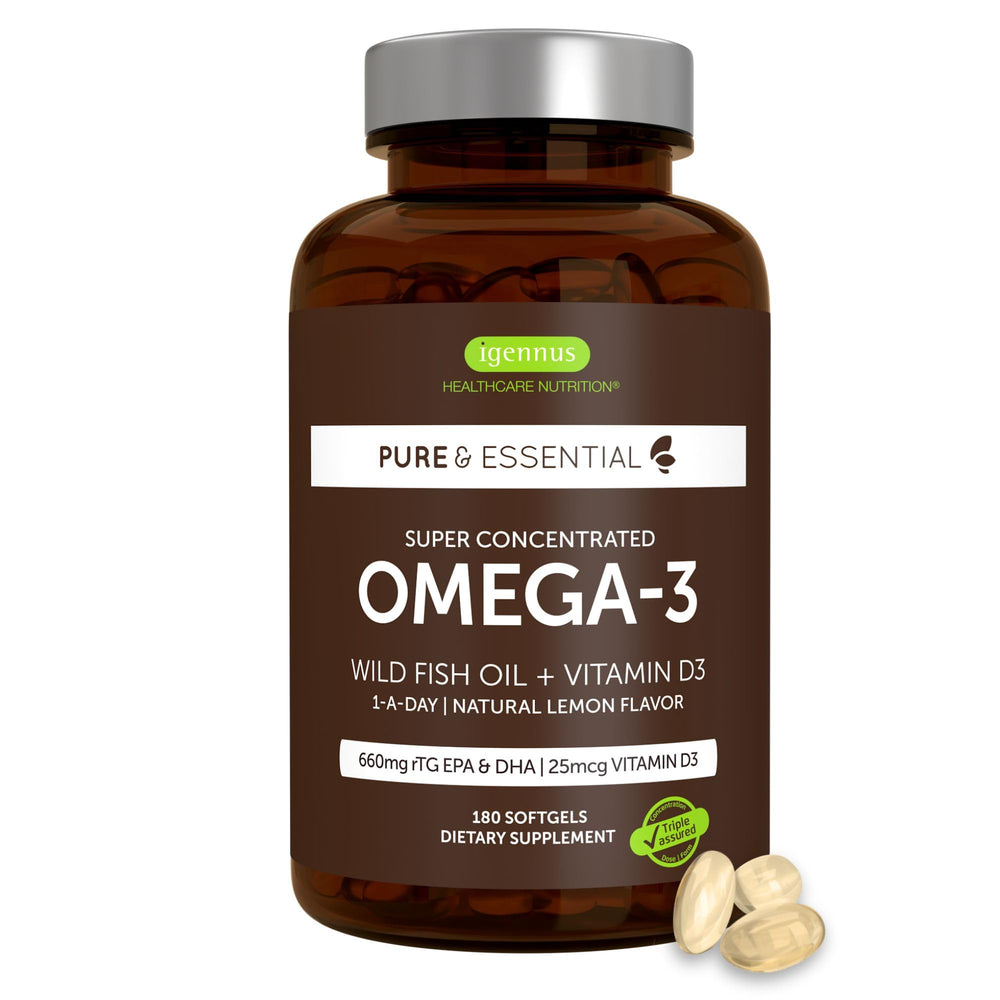 Igennus Advanced rTG Omega-3 bottle front highlighting high EPA+DHA dose for daily use.