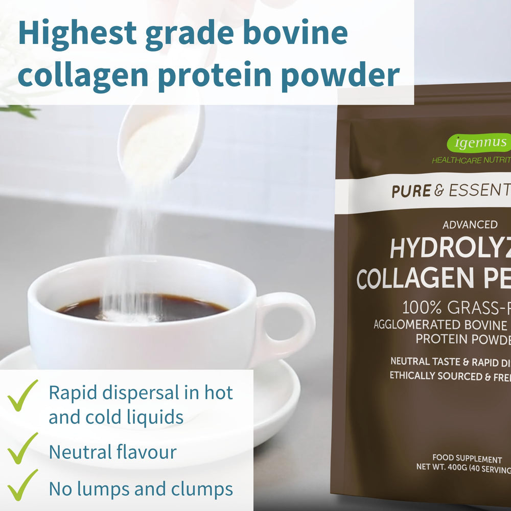 Igennus collagen peptides dissolving in a beverage shows easy mixing.