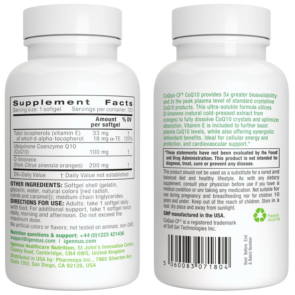 Igennus CoQ10 with Vitamin E illustration signals antioxidant support.