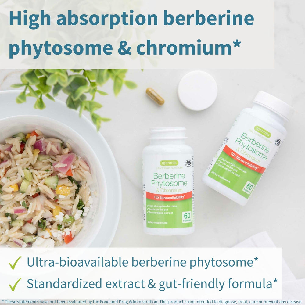 Closeup of Igennus Berberine Phytosome capsules indicating easy, vegan-friendly use.