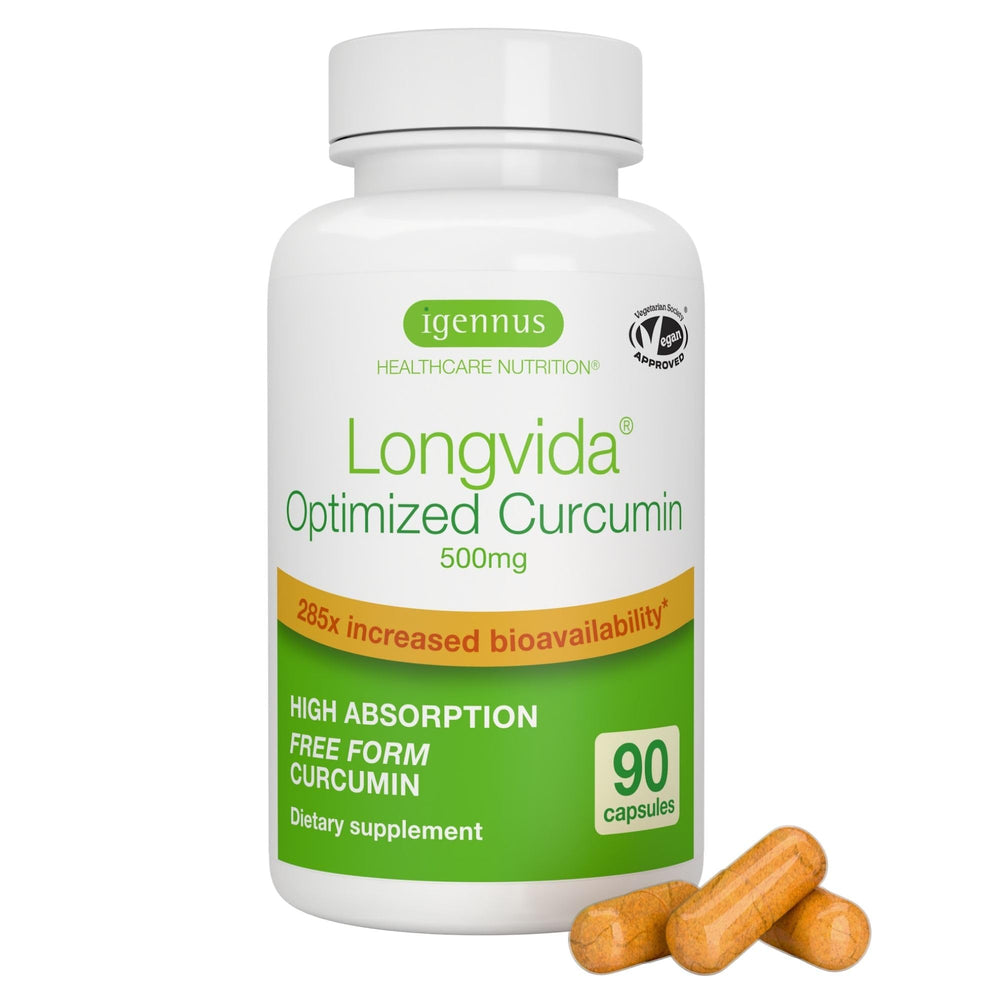 Igennus Longvida Curcumin 500mg bottle on shelf shows premium daily wellness packaging