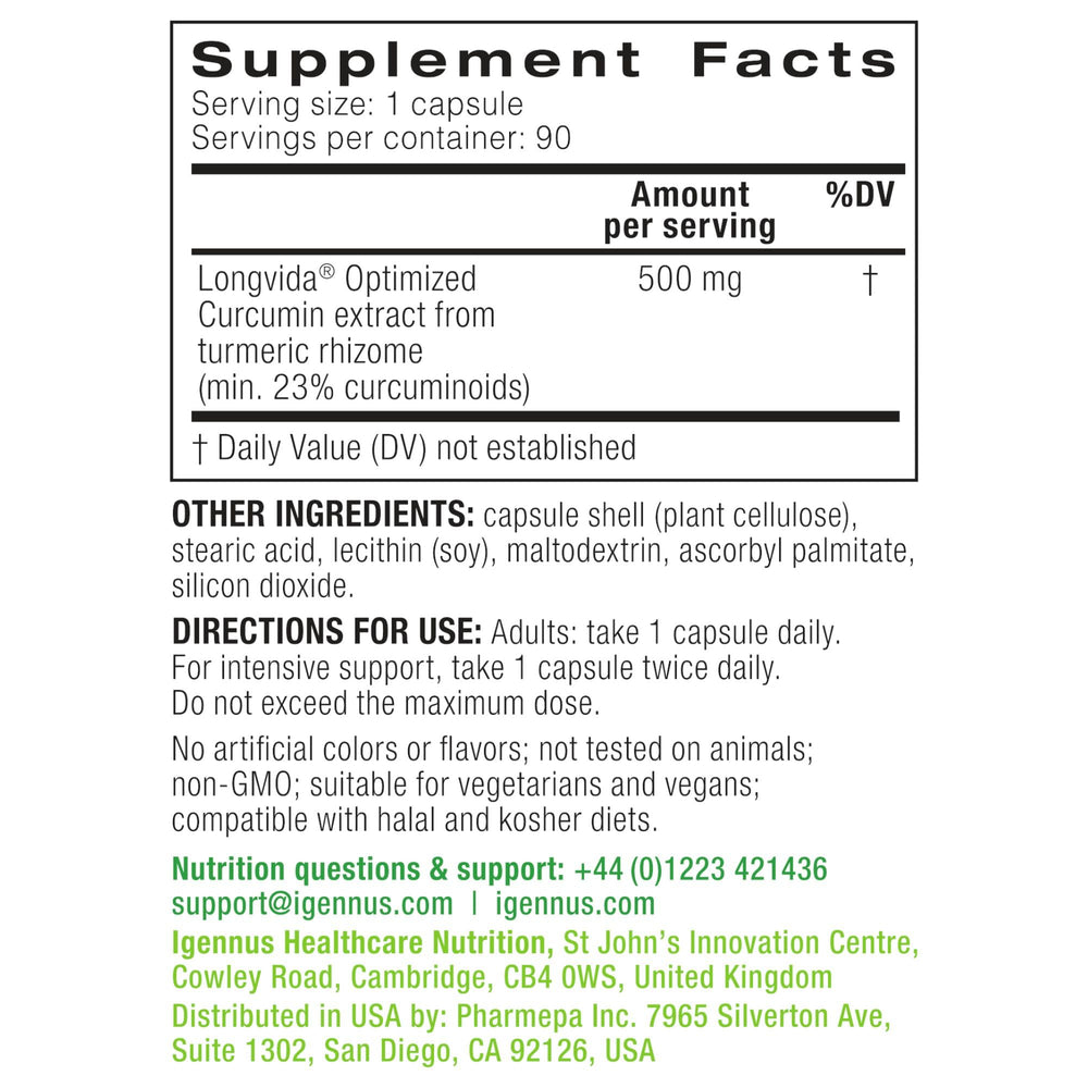 Igennus Longvida Curcumin 500mg bottle with cap open ready for daily use