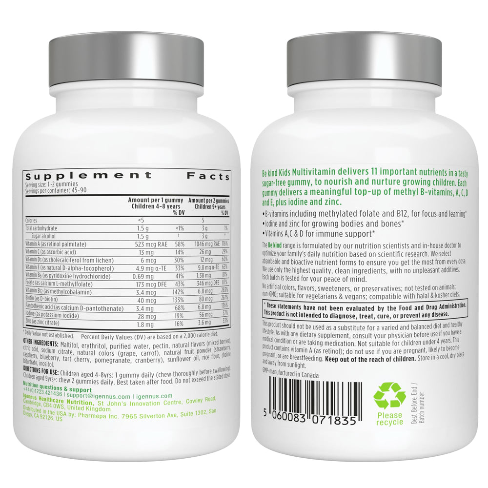 Gummies containing real fruit powder from Igennus Methylated Kids Multivitamin