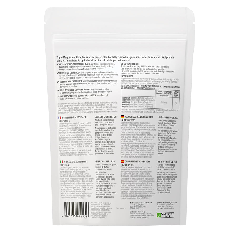 Igennus Superior Triple Magnesium packaging showing clean label and allergy-friendly ingredients.